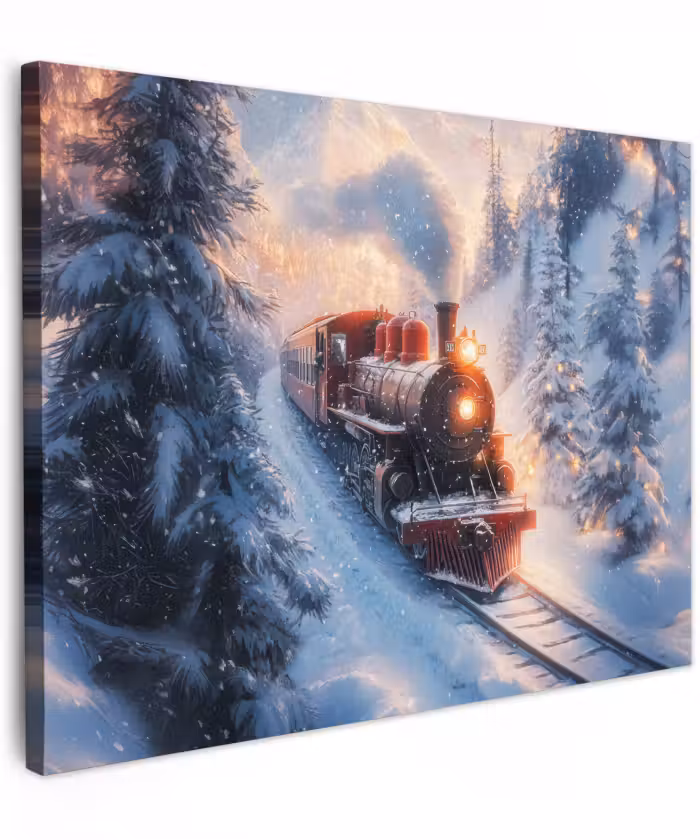 Canvas schilderij - Kersttrein - Sneeuw - Winter - Kerst