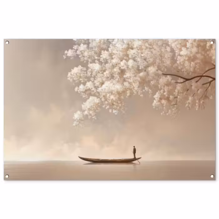 Tuinposter - Man in Boot onder Bloesemboom Beige