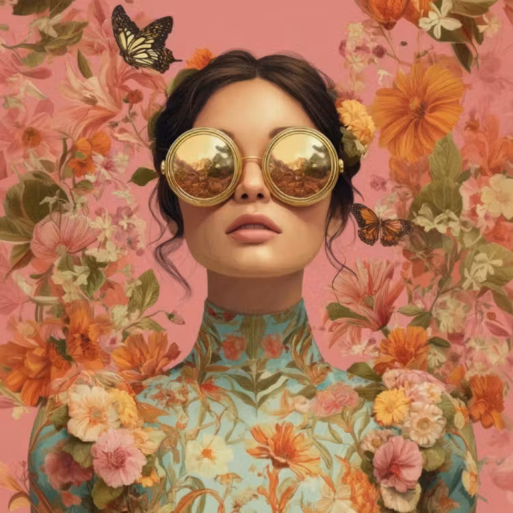 Behang - Vrouw met Zonnebril Bloemen Roze