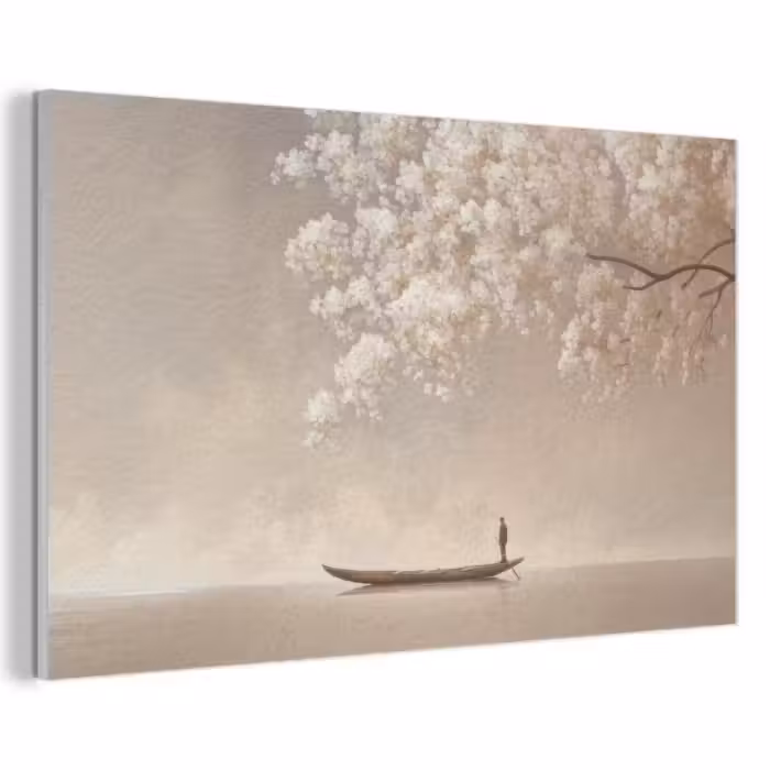 Akoestisch schilderij - Bloesems - Wit - Boot - Minimalistisch