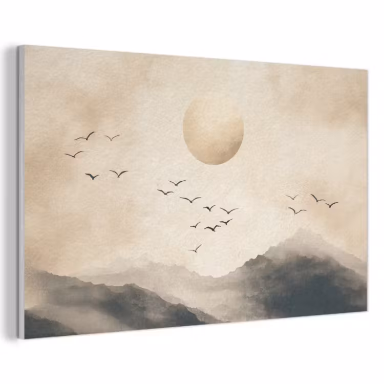 Akoestisch schilderij - Bergen met Vogels en Zon Beige