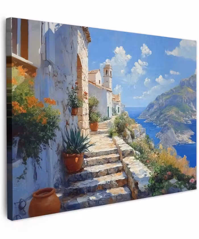 Canvas schilderij - Mediterraan Kustdorp Trap Zee