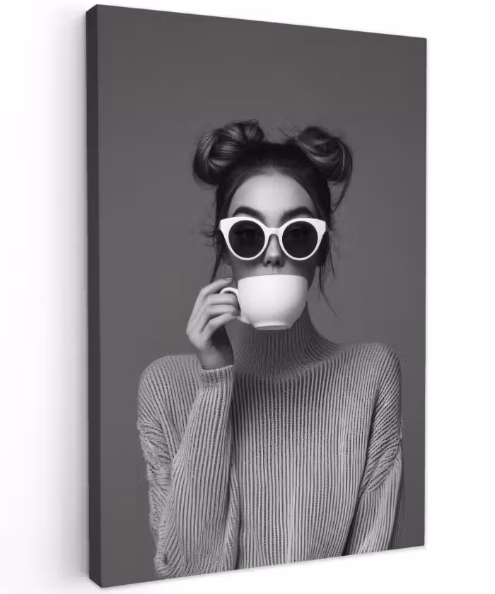 Canvas schilderij - Vrouw - Koffie - Zwart - Wit
