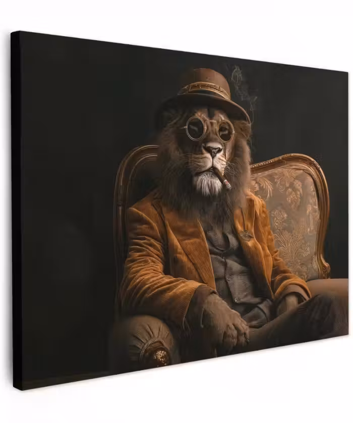 Canvas schilderij - Bril - Leeuw - Bank - Hoed