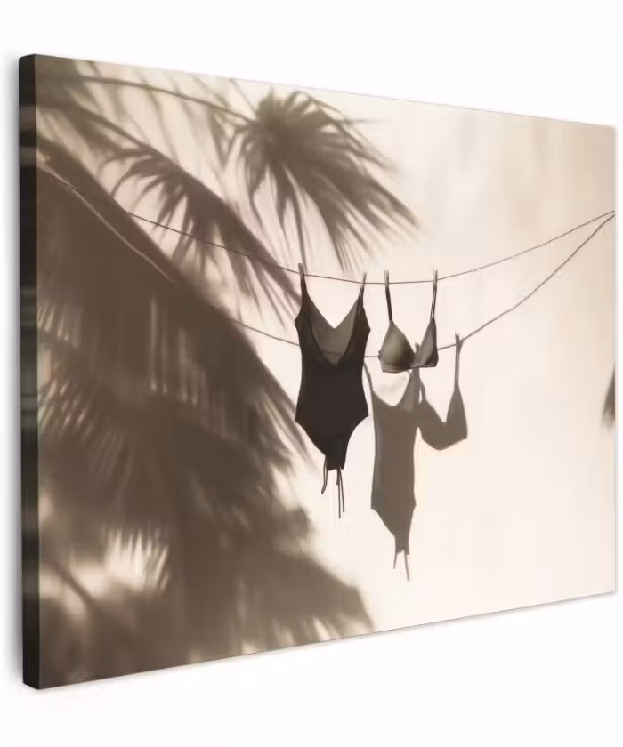 Canvas schilderij - Badpak en Bikini aan Waslijn Beige
