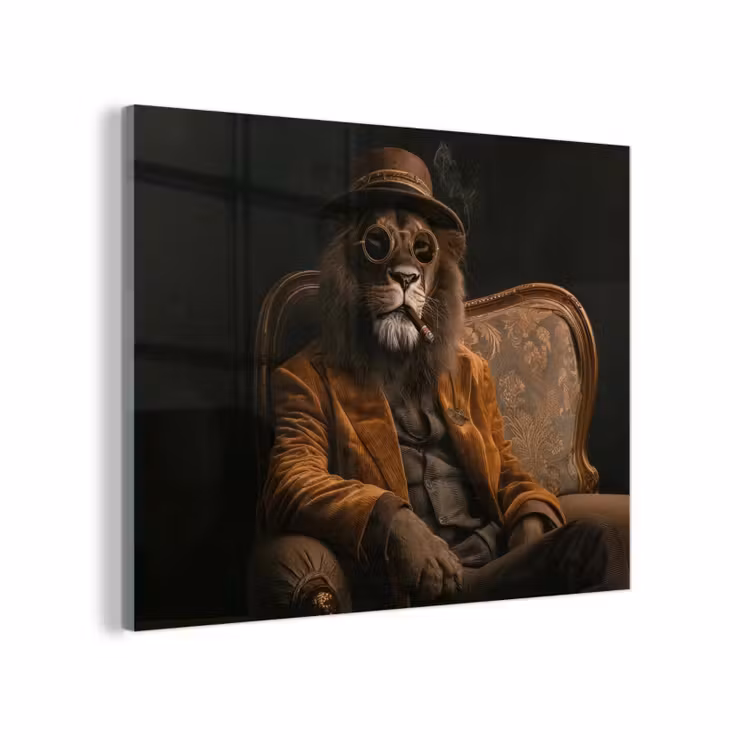 Glas schilderij - Leeuw met Sigaar en Hoed