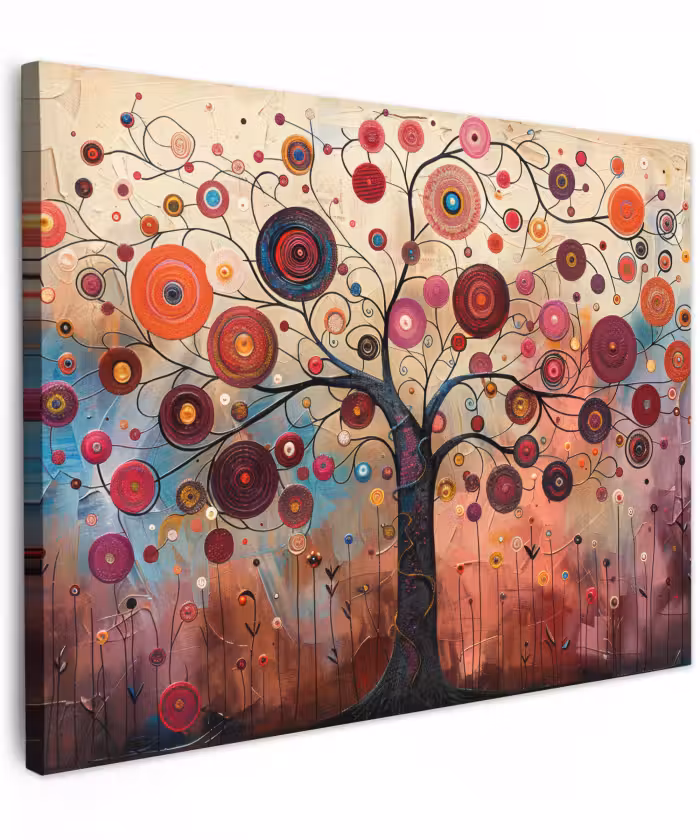 Canvas schilderij - Levensboom - Bloemen - Roze - Hippie - Kunst