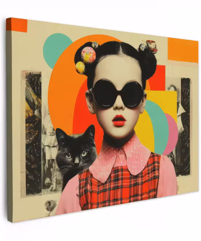 Canvas schilderij - Meisje - Zonnebril - Kat - Retro