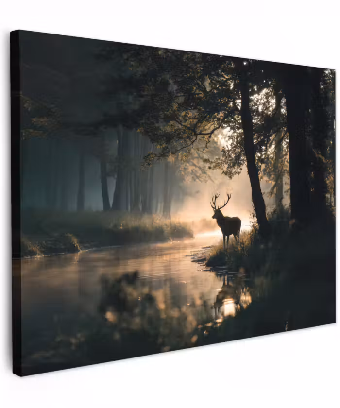 Canvas schilderij - Hert - Bosbeek - Mystiek