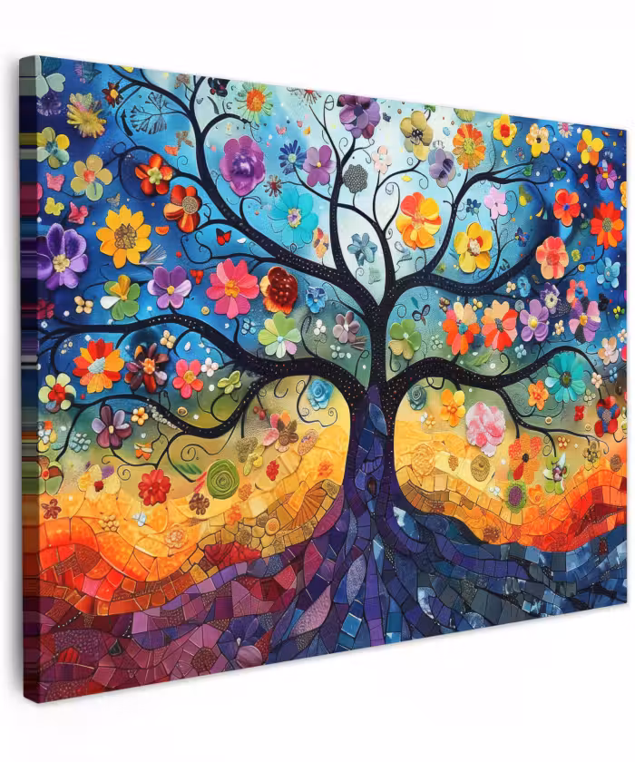 Canvas schilderij - Kunst - Levensboom - Bloemen - Hippie