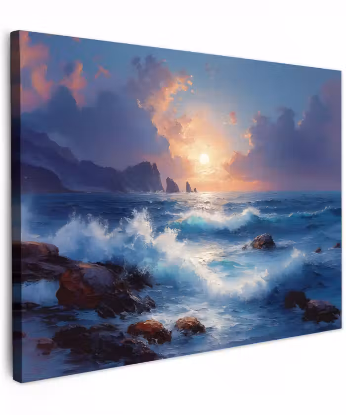 Canvas schilderij - Zee met Golven Zonsondergang