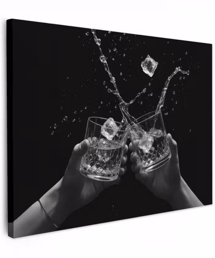 Canvas schilderij - Whiskyglazen - Ijs - Spetters - Zwart