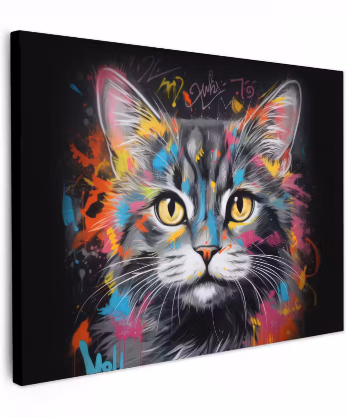 Canvas schilderij - Kat - Graffiti - Dieren - Kleuren - Grijs