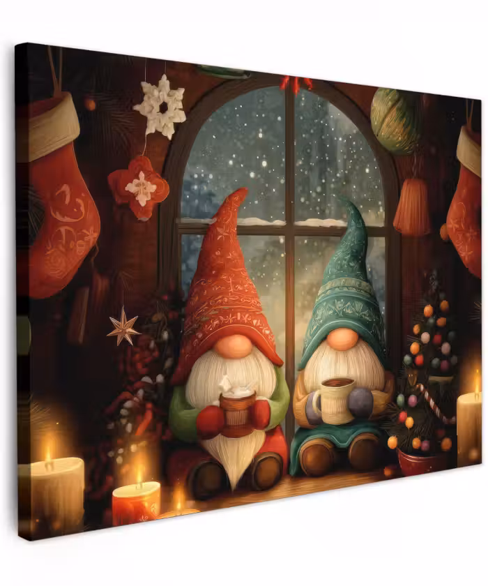 Canvas schilderij - Gnooms - Kerst - Raam - Kleurrijk