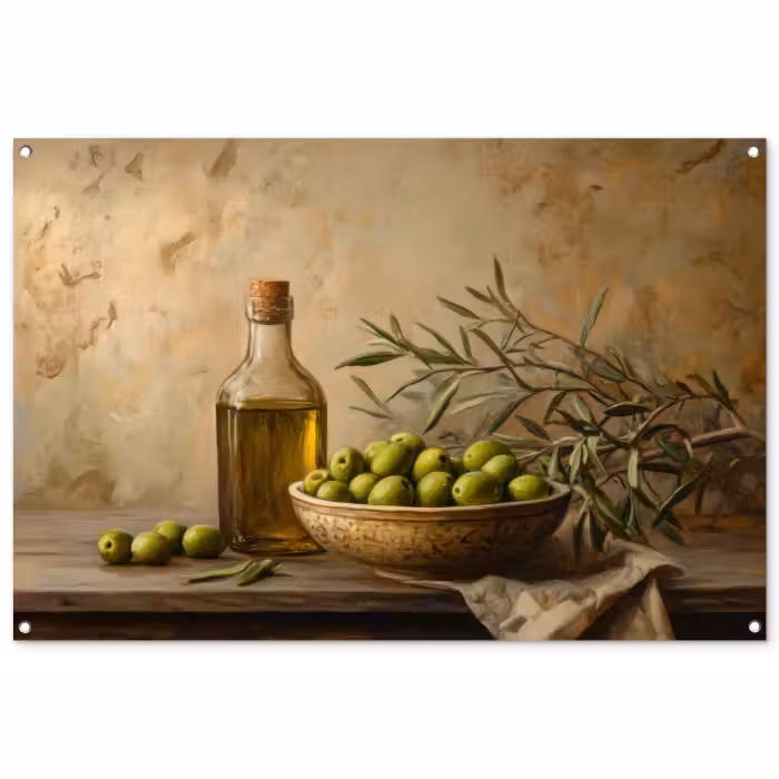 Tuinposter - Stilleven Olijfolie Olijven
