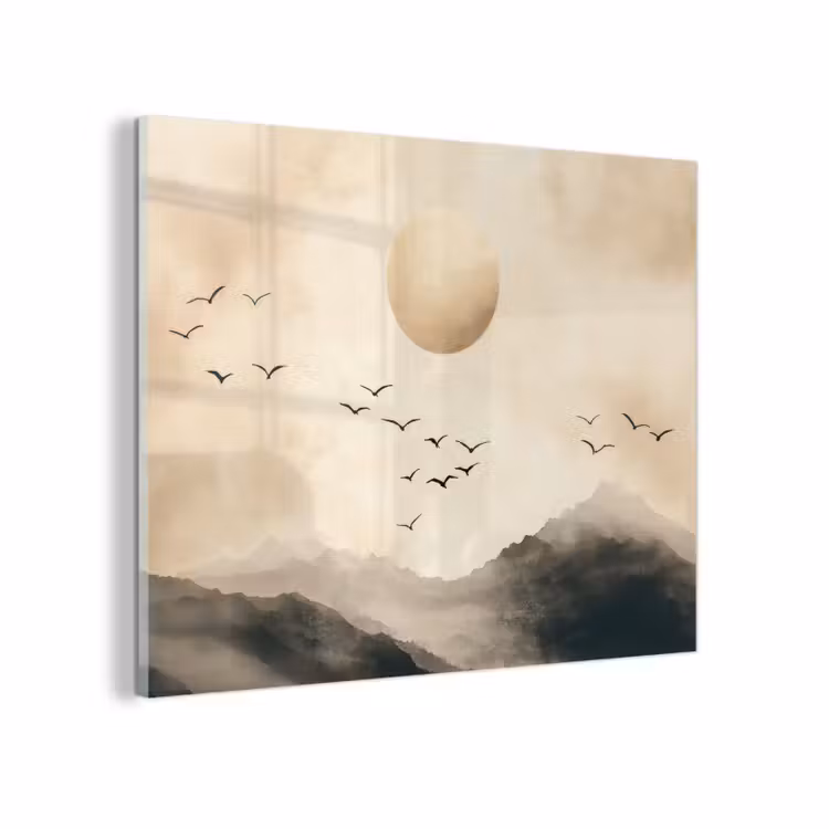 Glas schilderij - Bergen met Vogels en Zon Beige