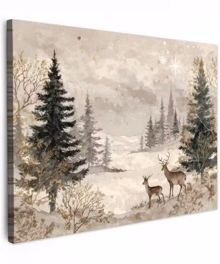 Canvas schilderij - Bos - Herten - Winter - Sneeuw
