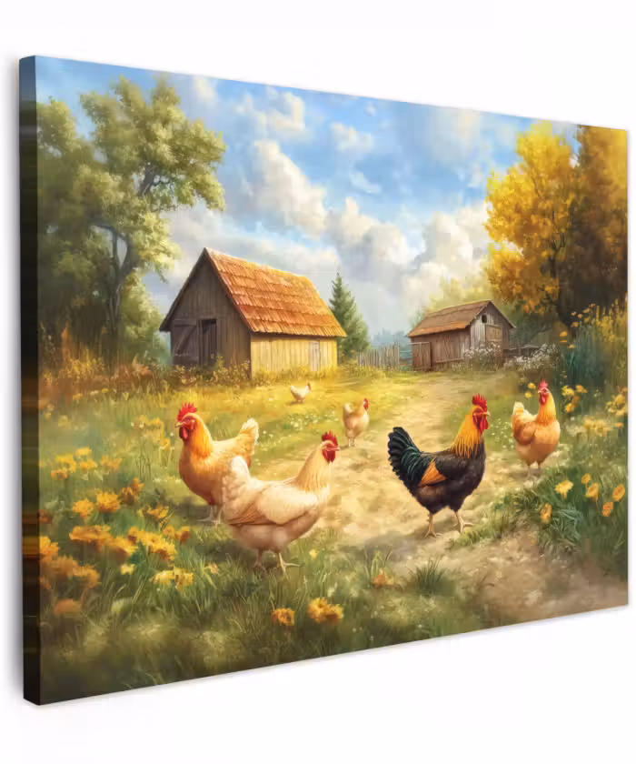Canvas schilderij - Kippen - Landelijke rust - Natuur