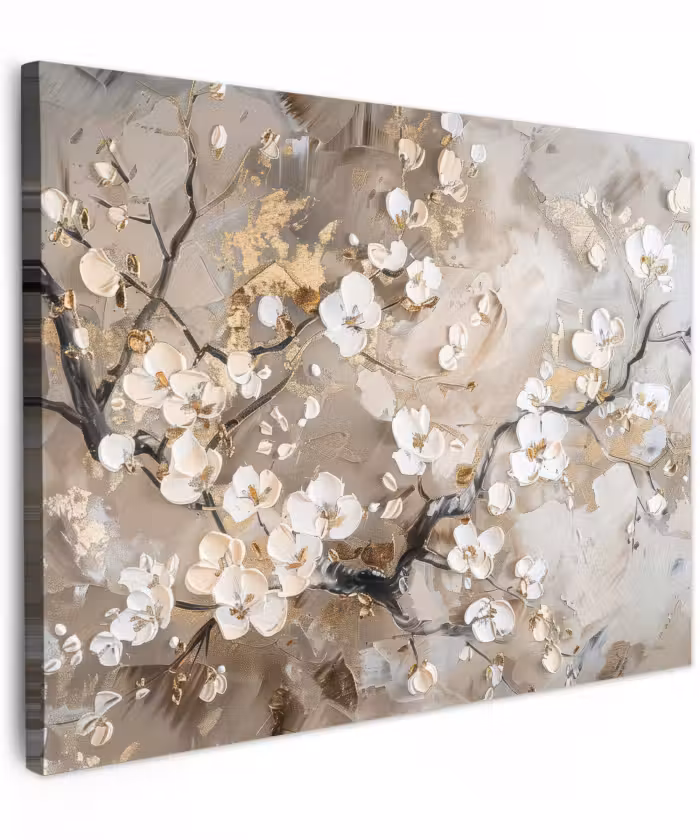 Canvas schilderij - Bloemen - Wit - Goud - Beige - Luxe