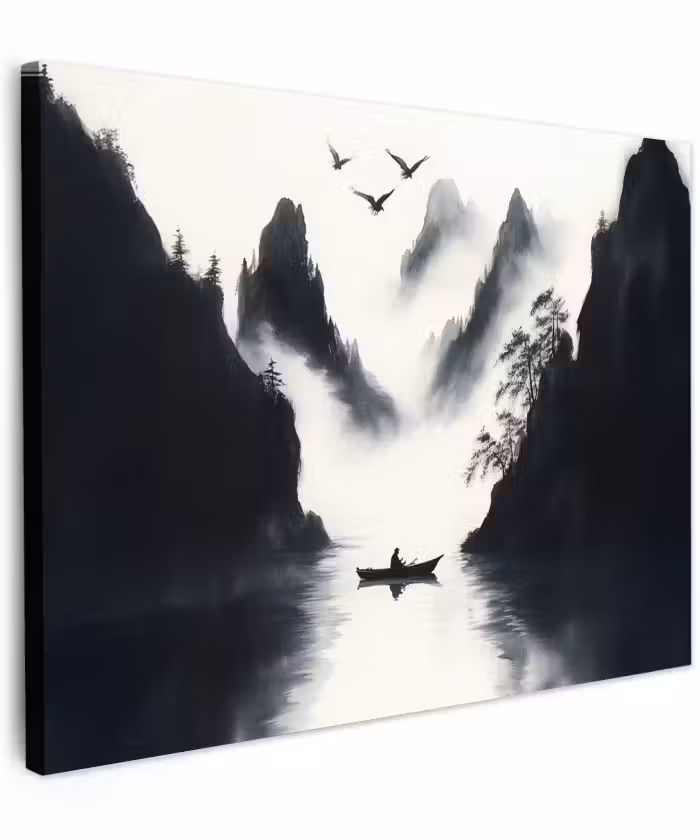 Canvas schilderij - Roeiboot - Mistig - Bergen - Vogels