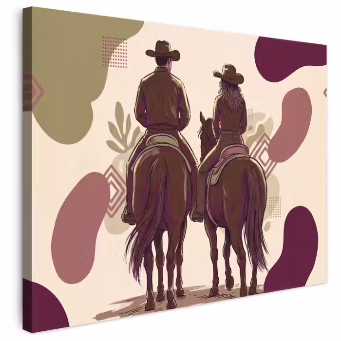 Canvas schilderij - Mensen - Ruiters - Western - Illustratie - Bruin