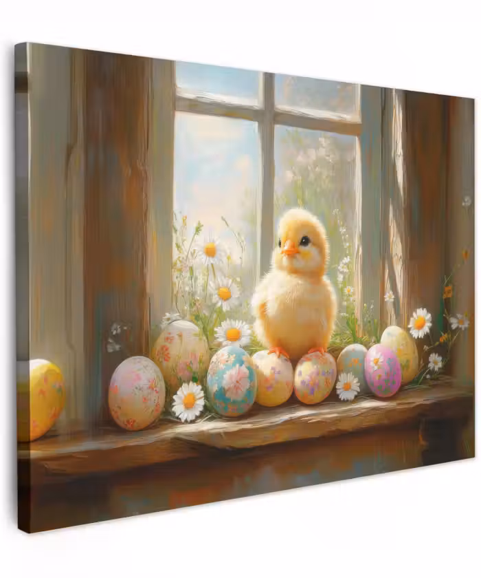 Canvas schilderij - Kuiken - Raam - Paaseieren