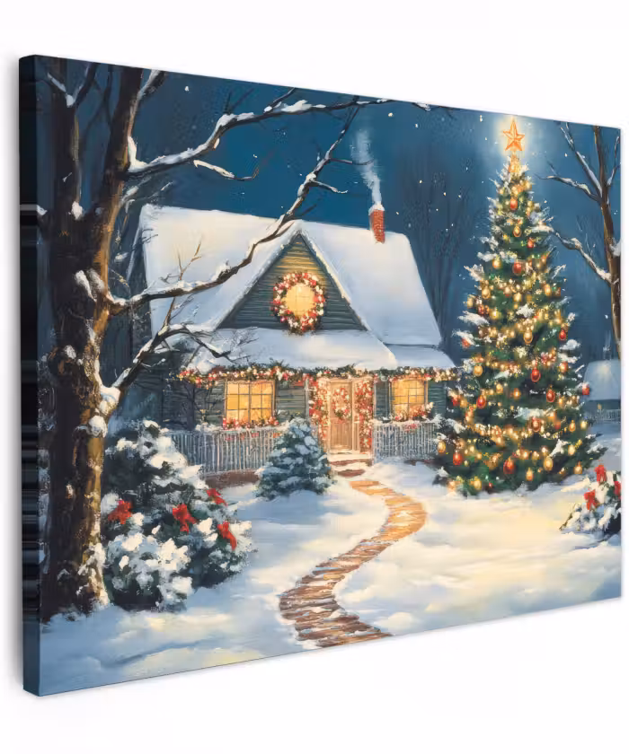 Canvas schilderij - Kerst - Kerstboom - Winter - Huis - Sneeuw
