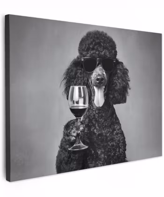 Canvas schilderij - Hond - Krullen - Zonnebril - Wijn