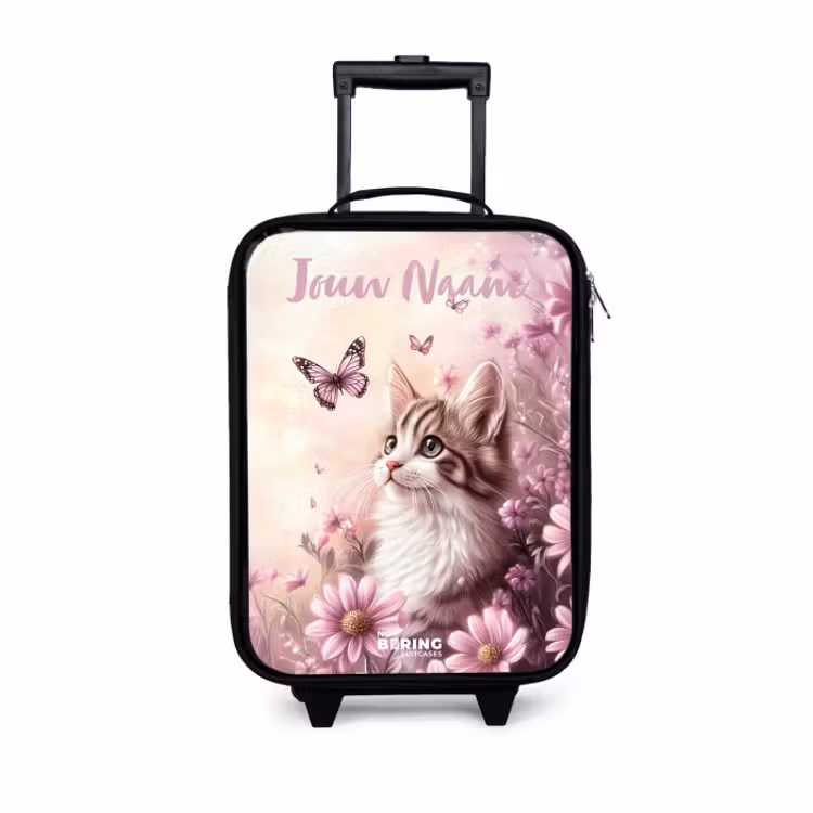 Kinderkoffers met naam - Kitten met Vlinders Roze Bloemen