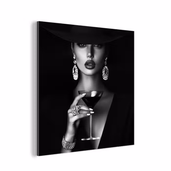 Aluminium schilderij - Vrouw met Cocktailglas Zwart Wit