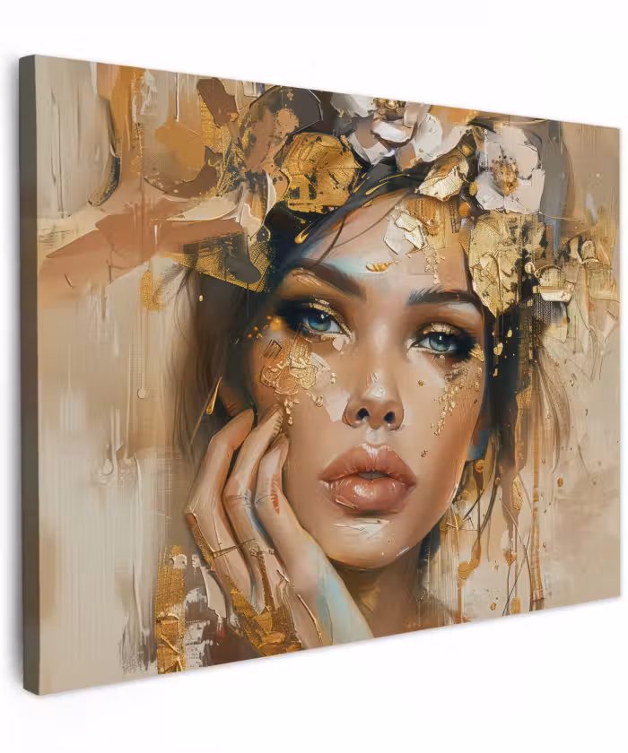 Canvas schilderij - Vrouw - Bloemen - Goud - Portret