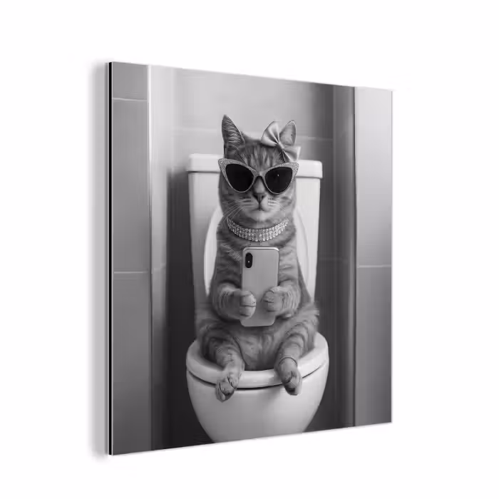 Aluminium schilderij - Kat op Toilet met Zonnebril