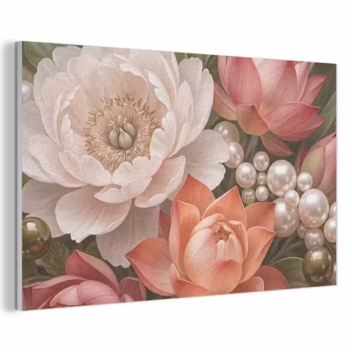 Akoestisch schilderij - Bloemen - Parels - Elegant - Roze - Wit
