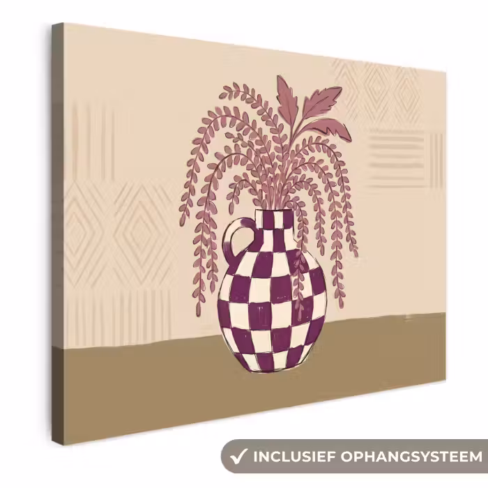 Canvas schilderij - Vaas - Geruit - Planten - Modern - Paars