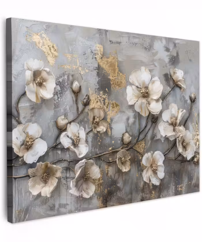 Canvas schilderij - Bloemen - Wit - Grijs - Goud - Luxe