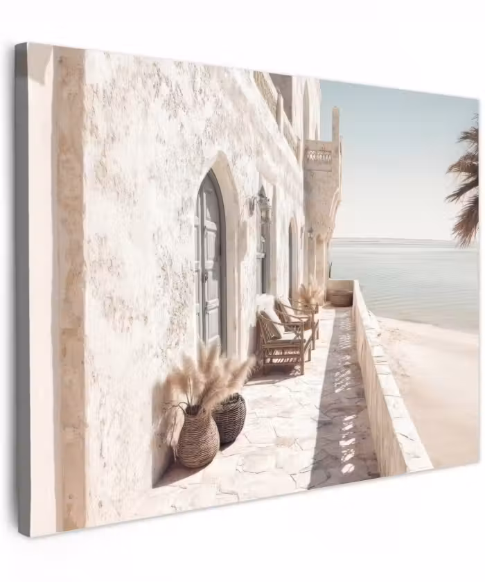 Canvas schilderij - Mediterraan Terras aan Zee Beige