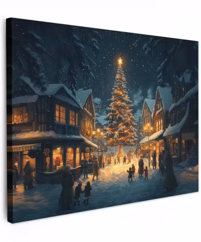Canvas schilderij - Kerstfeest - Dorp - Donker
