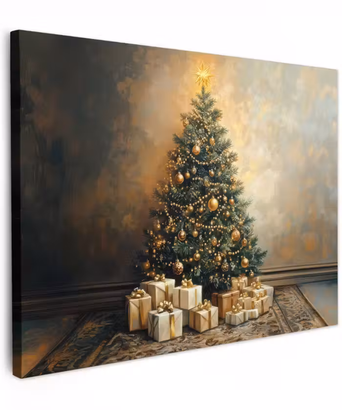 Canvas schilderij - Kerstboom - Cadeaus - Goud