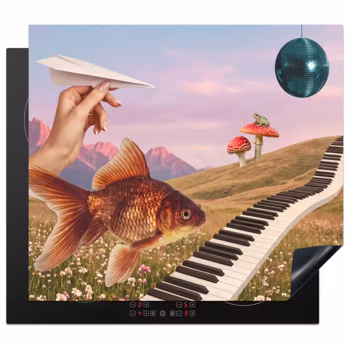 Inductie beschermer - Surrealistische Collage Goudvis Pianotoetsen