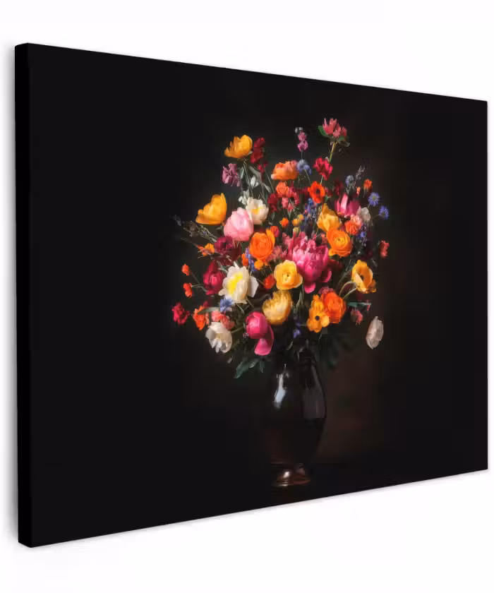 Canvas schilderij - Bloemen in Vaas Donkere Achtergrond