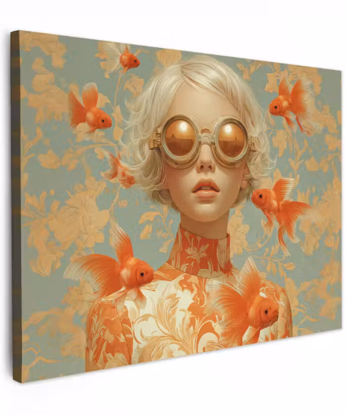 Canvas schilderij - Goudvissen - Oranje - Vrouw - Blond