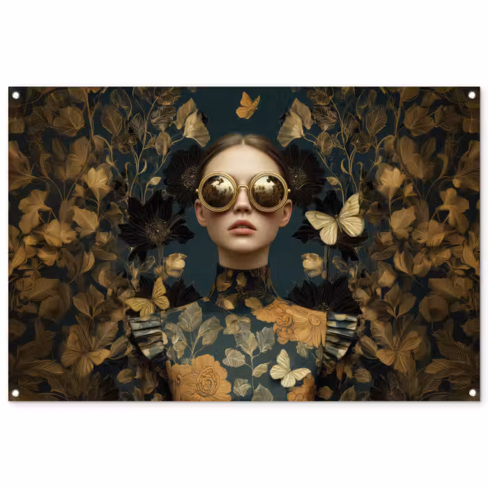 Tuinposter - Vrouw - Bladeren - Goud - Vlinders