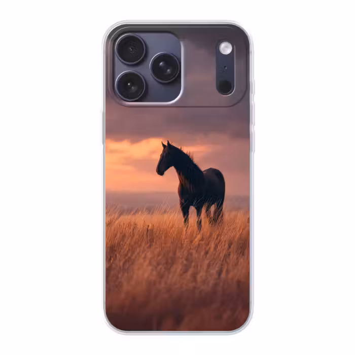Telefoonhoesje Softcase - Zwart Paard in Grasveld Zonsondergang