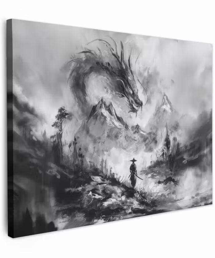 Canvas schilderij - Krijger - Draak - Grijs