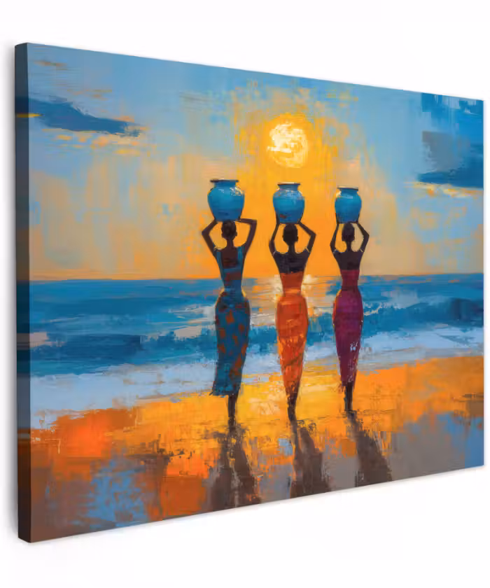Canvas schilderij - Vrouwen - Strand - Zondsondergang