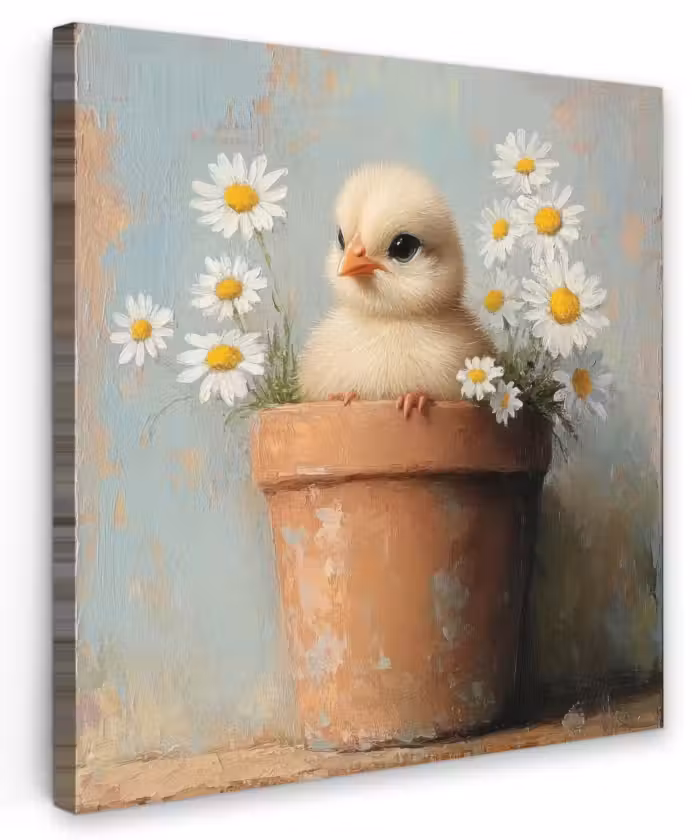 Canvas schilderij - Bloempot - Kuiken - Bloemetjes