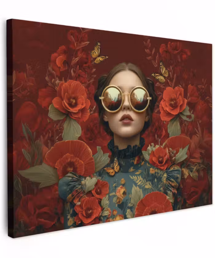 Canvas schilderij - Bloemen - Dieprood - Zonnebril - Vrouw