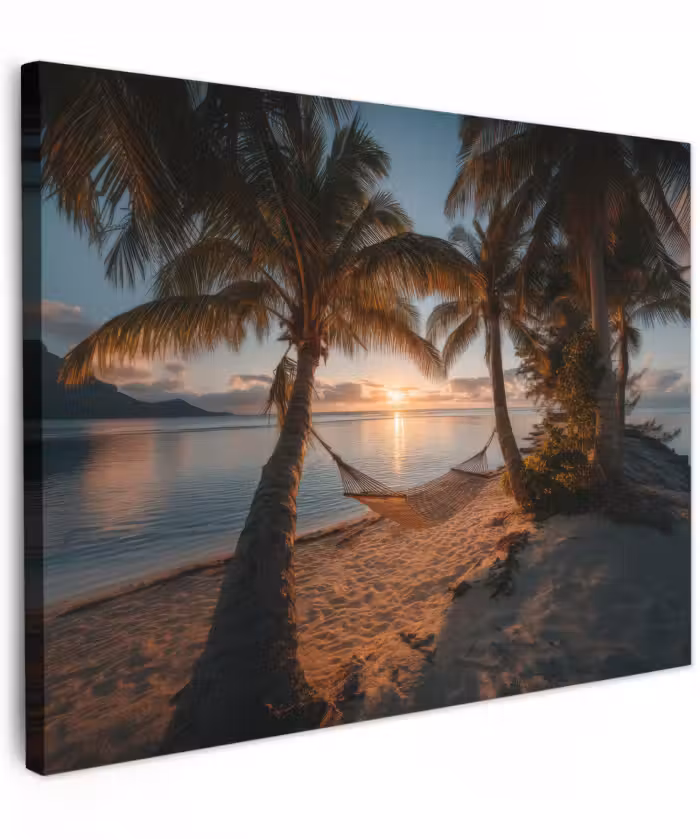 Canvas schilderij - Hangmat tussen Palmbomen Zonsondergang