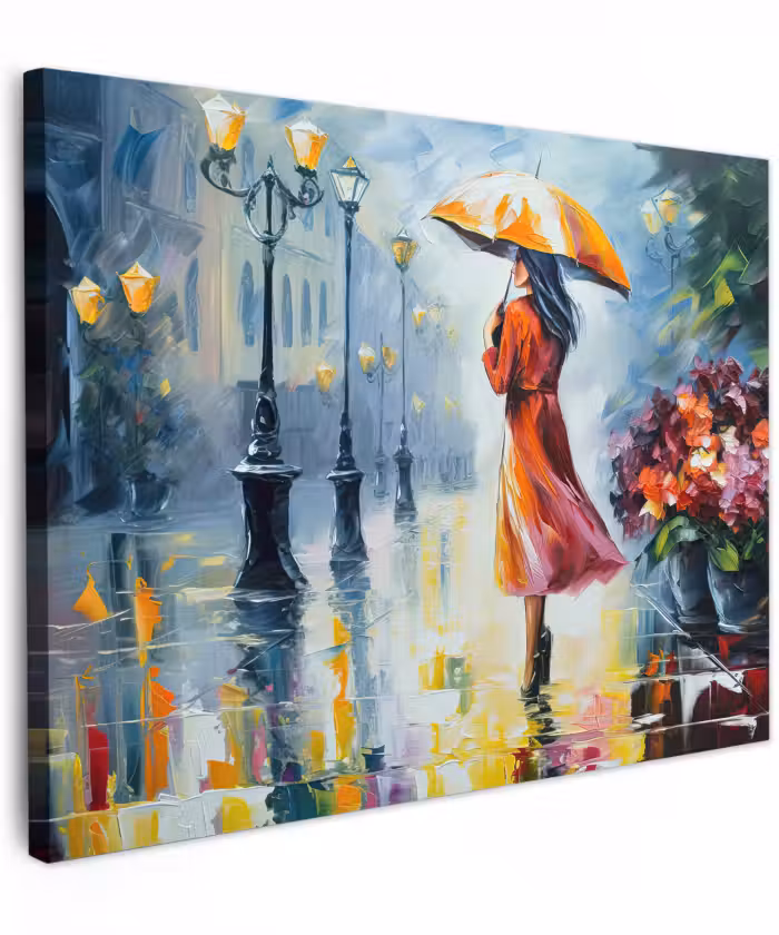 Canvas schilderij - Olieverf - Paraplu - Vrouw - Straat - Kunst