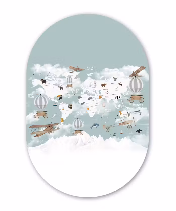 Wandoval Glas – Wereldkaart Dieren Luchtballon Vliegtuig